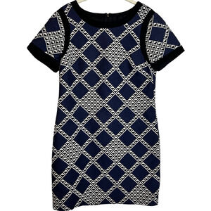 Trina Turk Womens Dress Size 8 Navy Geometric Short Sleeve Knee Length Lined